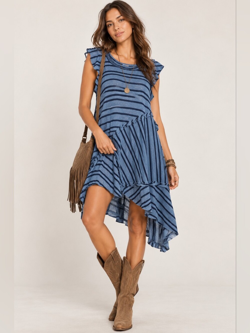 Free People Women’s Boho Striped Asymmetrical Ruffle Oversized Tunic Dress, Blue